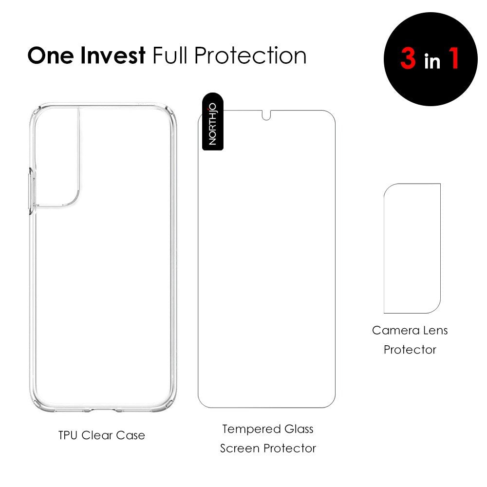 NORTHJO Samsung Galaxy S22 | 3-i-1 360° Beskyttelsessæt m. Cover | Skærmbeskyttelse | Kameralinsebeskyttelse - Gennemsigtig