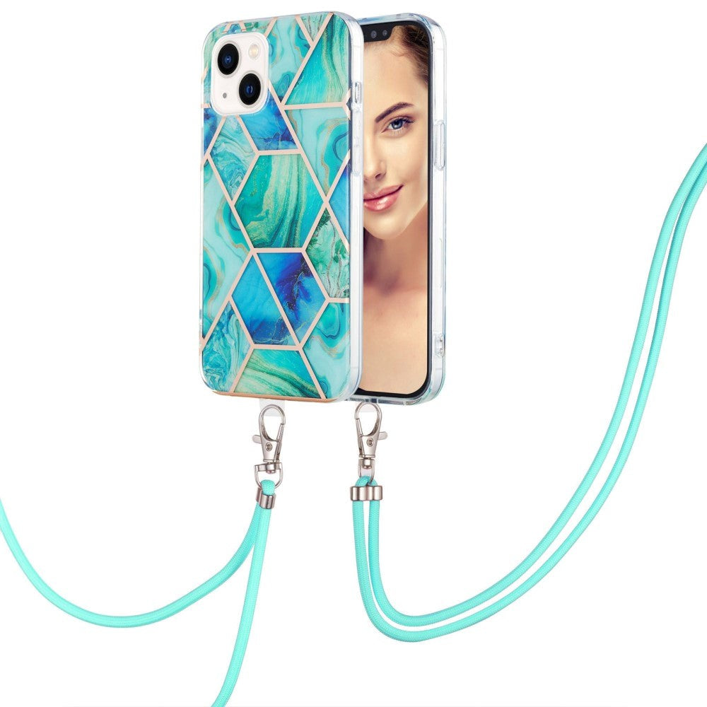 iPhone 14 Plus Fleksibel Plastik Cover m. Snor - Marmor - Grøn