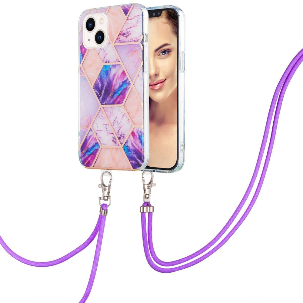 iPhone 14 Plus Fleksibel Plastik Cover m. Snor - Marmor - Lyslilla