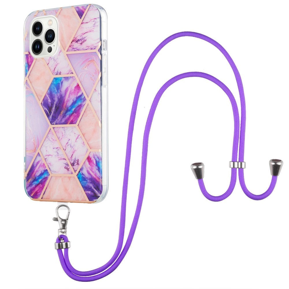 iPhone 14 Pro Max Fleksibel Plastik Cover m. Snor - Marmor - Lys Lilla