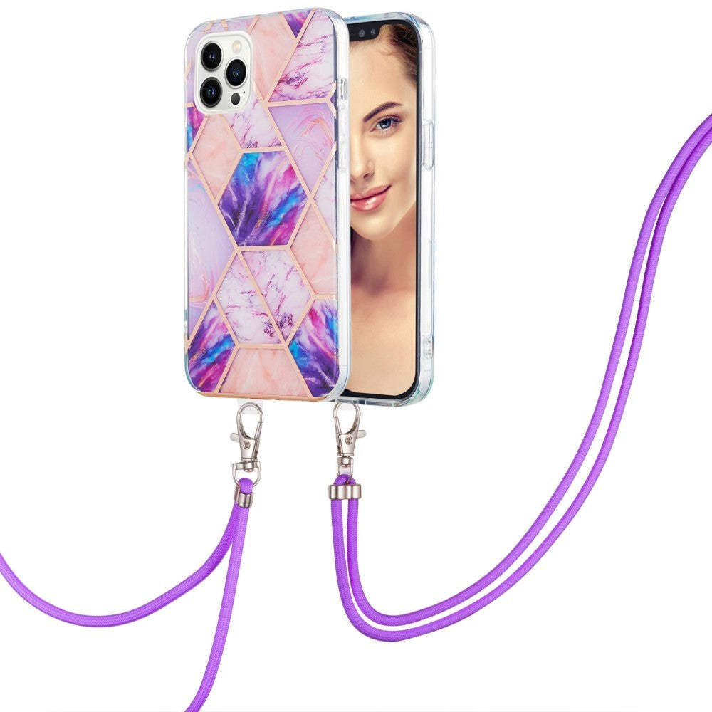 iPhone 14 Pro Max Fleksibel Plastik Cover m. Snor - Marmor - Lys Lilla
