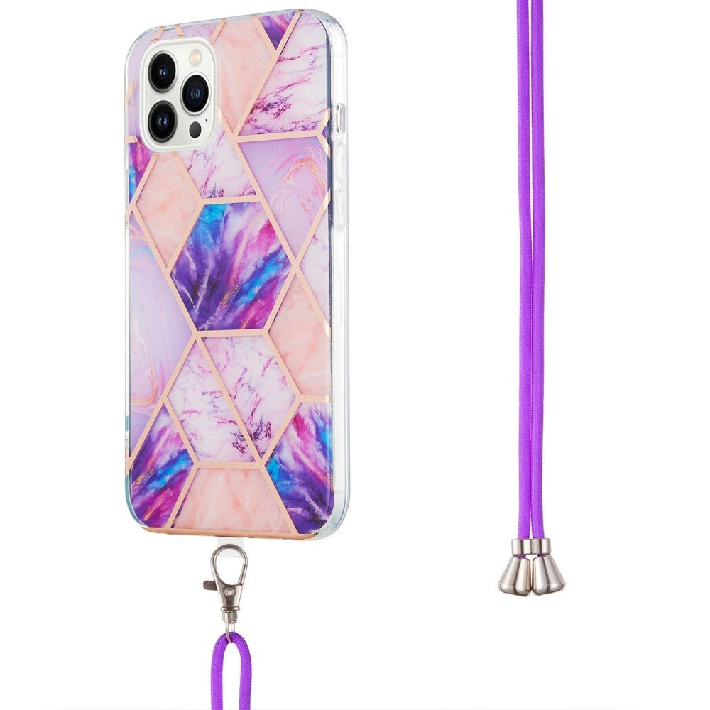 iPhone 14 Pro Max Fleksibel Plastik Cover m. Snor - Marmor - Lys Lilla