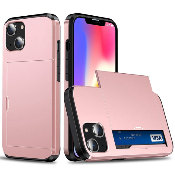 iPhone 14 Hybrid Håndværkercover m. Kortholder - Rose Gold