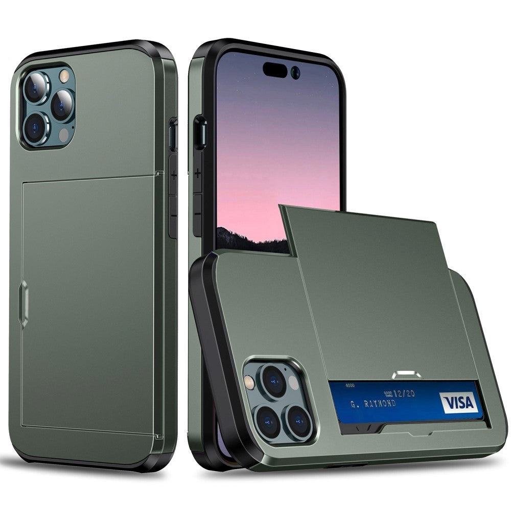 iPhone 14 Pro Hybrid Håndværkercover m. Kortholder - Army Grøn
