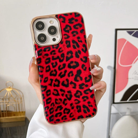 iPhone 14 Pro Fleksibelt Bagside Cover - Leopard Mønster - Rød