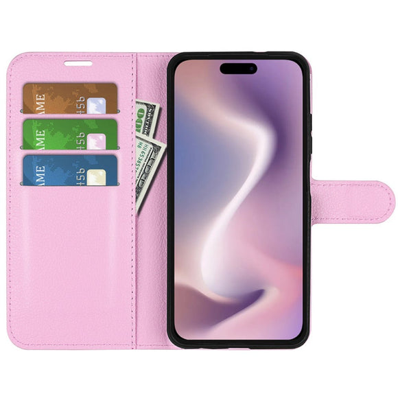 EIDERWOOD iPhone 16 Plus Litchi Læder Cover m. Pung - Lyserød