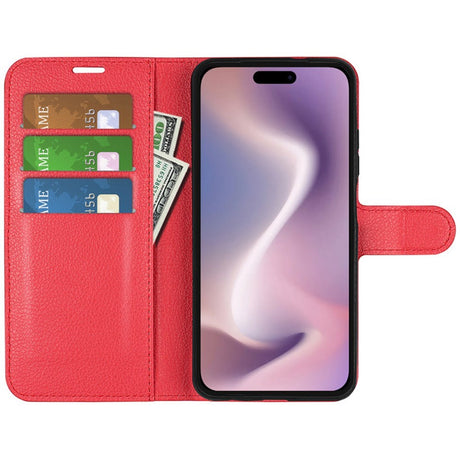 EIDERWOOD iPhone 16 Litchi Læder Cover m. Pung - Rød