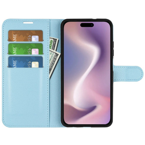EIDERWOOD iPhone 16 Litchi Læder Cover m. Pung - Blå