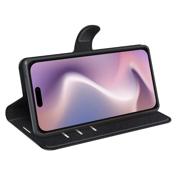 EIDERWOOD iPhone 16 Litchi Læder Cover m. Pung - Sort