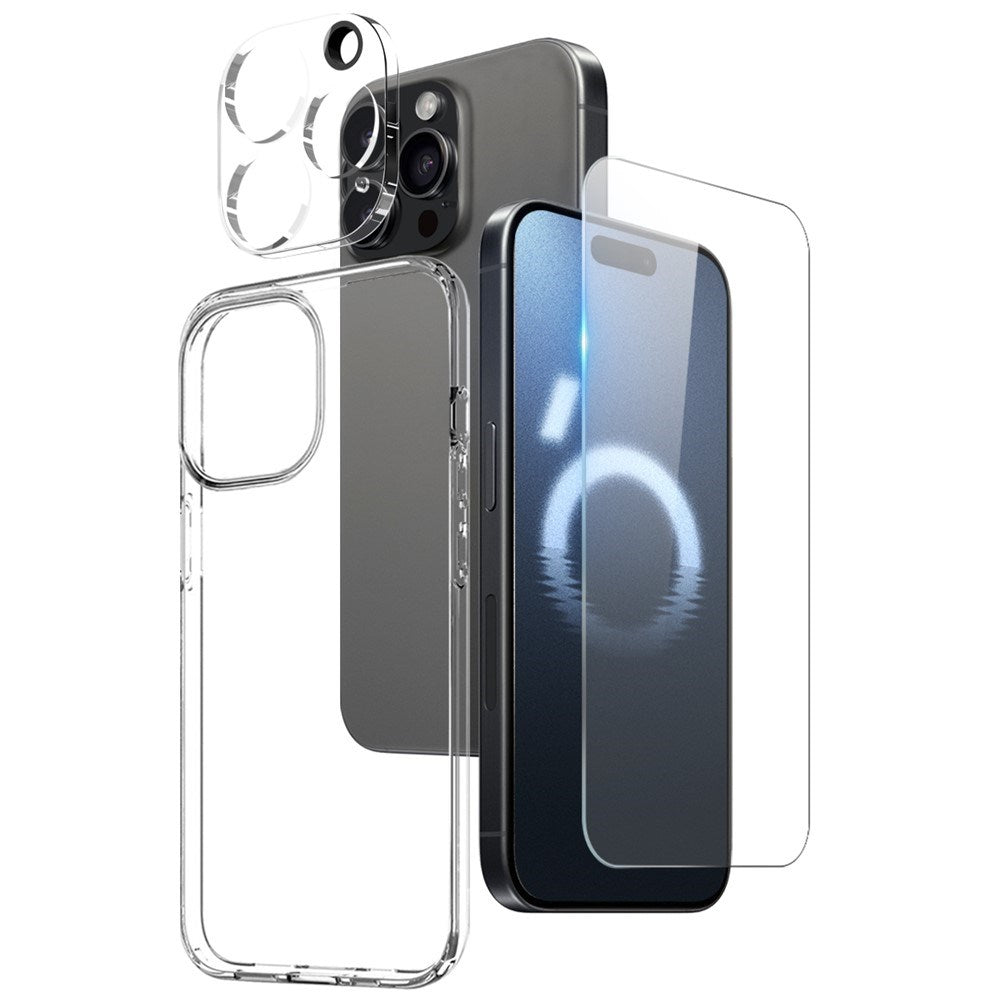 NORTHJO iPhone 16 Pro Max | 3-i-1 360° Beskyttelsessæt m. Cover | Skærmbeskyttelse | Kameralinsebeskyttelse - Gennemsigtig