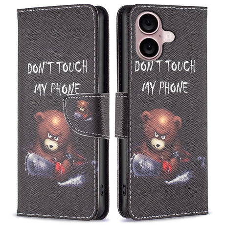 EIDERWOOD iPhone 16 Plus Læder Cover m. Pung & Ståfunktion - "Don't Touch My Phone" - Bjørn