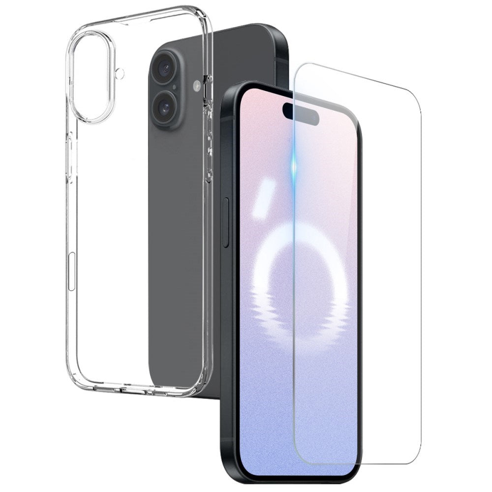 iPhone 16 Plus 2-i-1 Hærdet Glas Skærmbeskyttelse og Fleksibelt Plast Cover - Gennemsigtig