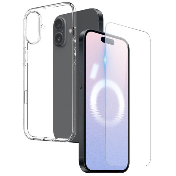 iPhone 16 Plus 2-i-1 Hærdet Glas Skærmbeskyttelse og Fleksibelt Plast Cover - Gennemsigtig