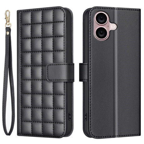 iPhone 16 Ternet Læder Flip Cover m. Pung & Strop - Sort
