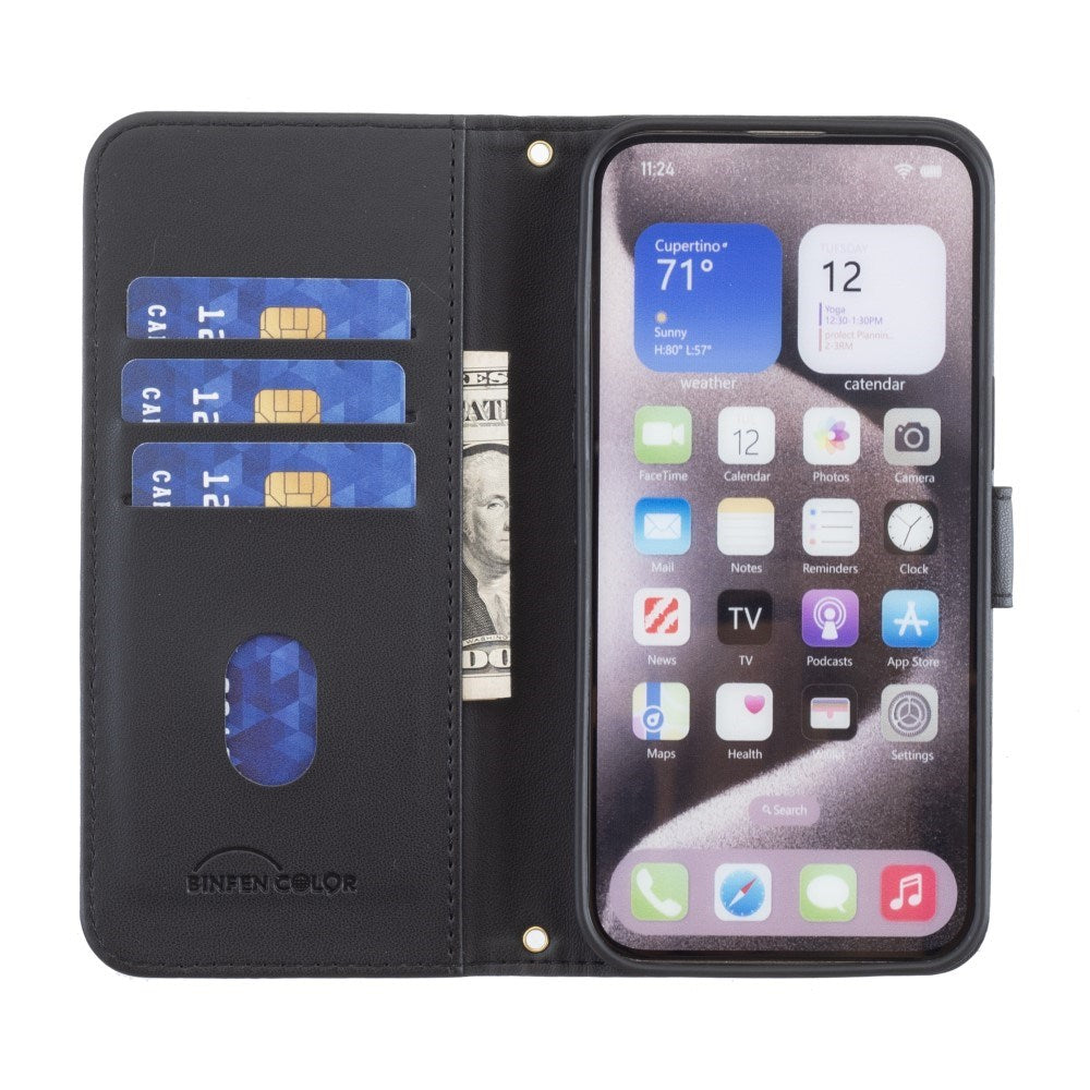 iPhone 16 Ternet Læder Flip Cover m. Pung & Strop - Sort