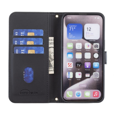 iPhone 16 Ternet Læder Flip Cover m. Pung & Strop - Sort