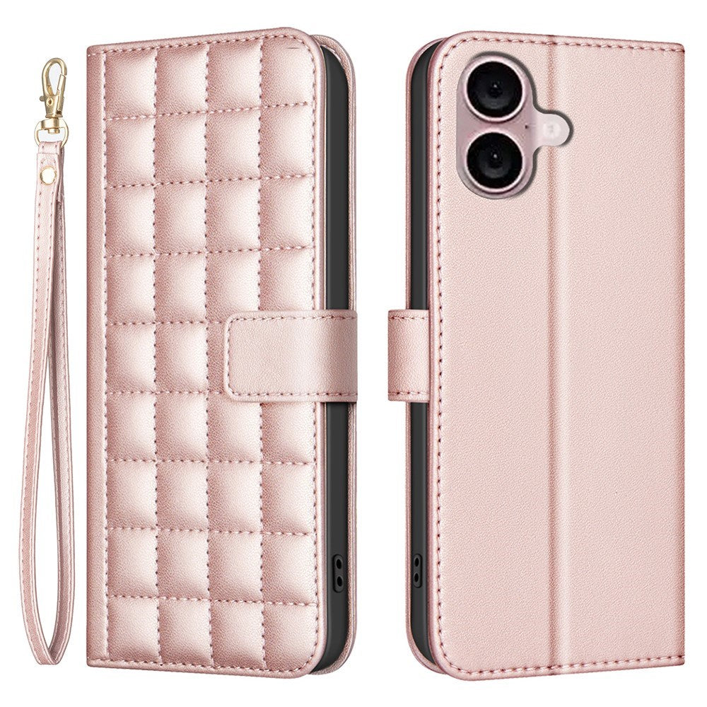 iPhone 16 Ternet Læder Flip Cover m. Pung & Strop - Rose Gold