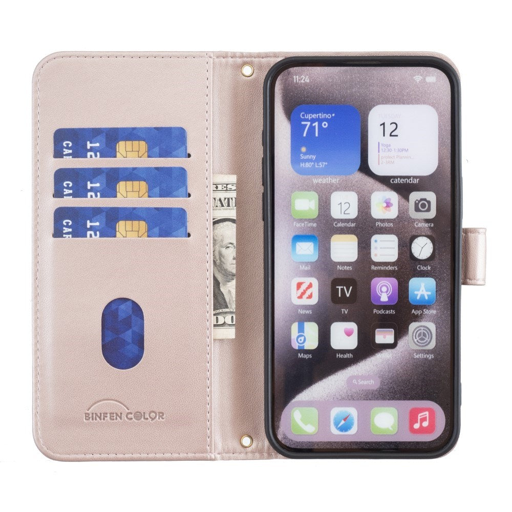 iPhone 16 Ternet Læder Flip Cover m. Pung & Strop - Rose Gold