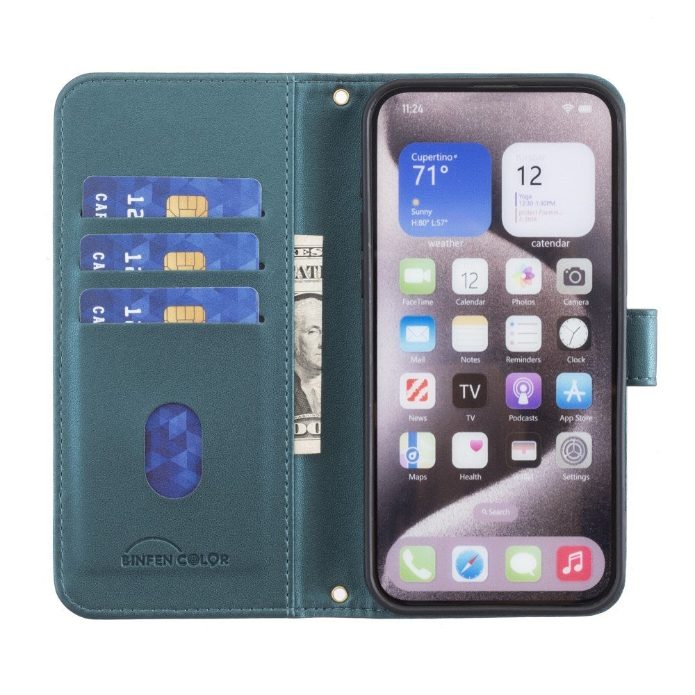 iPhone 16 Ternet Læder Flip Cover m. Pung & Strop - Turkisblå