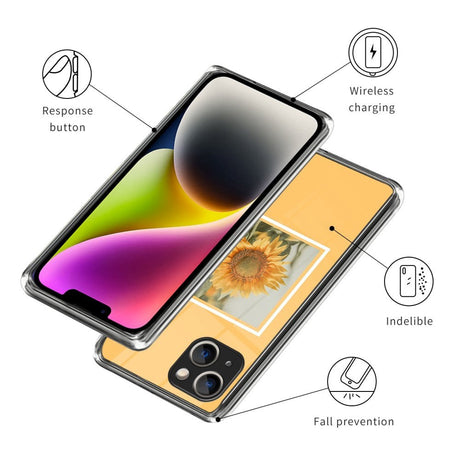 iPhone 14 Fleksibelt Bagside Cover - Solsikke i en Ramme