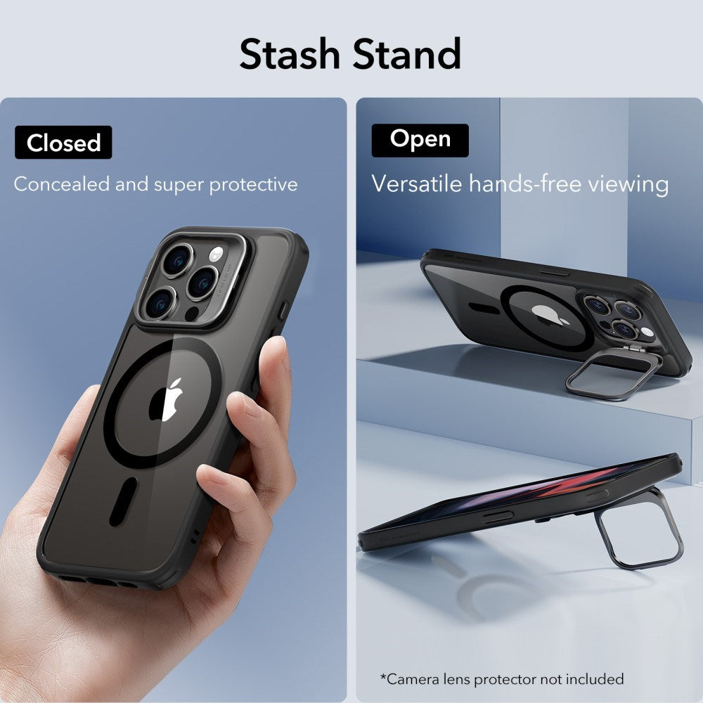 iPhone 16 Pro ESR Kickstand Hybrid Cover - MagSafe Kompatibel - Gennemsigtig / Sort