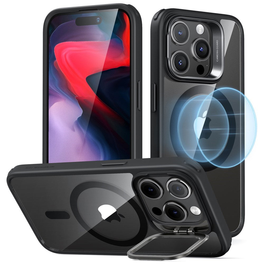 iPhone 16 ESR Kickstand Hybrid Cover - MagSafe Kompatibel - Gennemsigtig / Sort