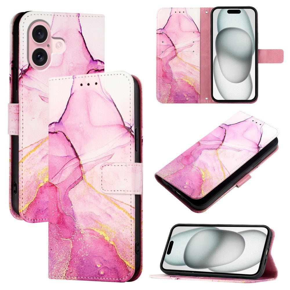 EIDERWOOD iPhone 16 Plus Kunstlæder Cover m. Pung og Strop - Lyserød Marmor