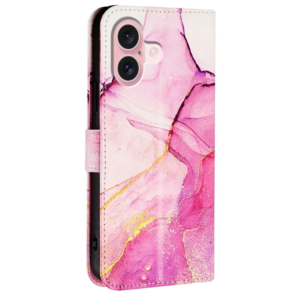 EIDERWOOD iPhone 16 Plus Kunstlæder Cover m. Pung og Strop - Lyserød Marmor