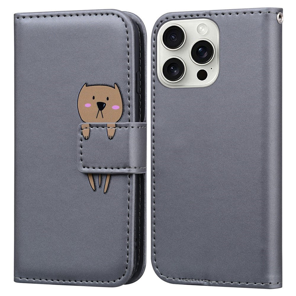iPhone 16 Pro Kunstlæder Flip Cover m. Figur - Grå