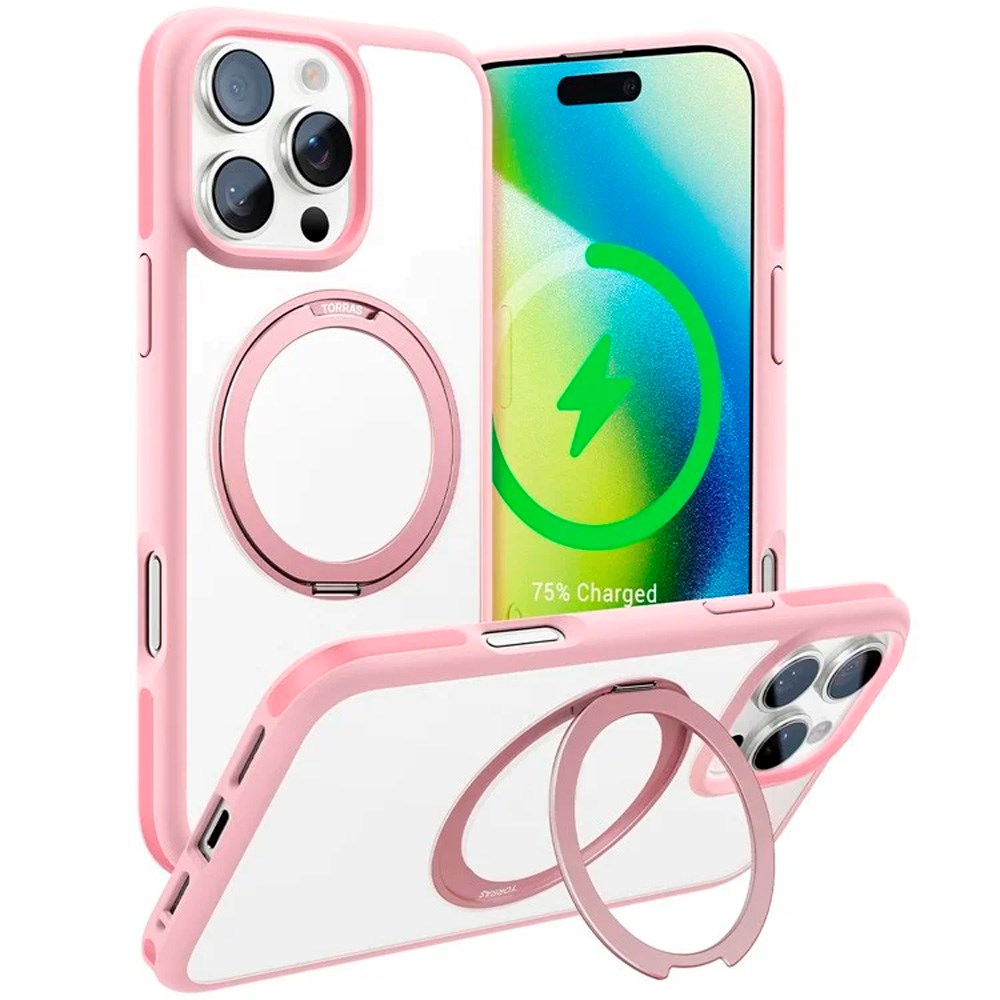 TORRAS iPhone 16 Pro Hybrid Plastik Cover m. Roterbar Kickstand Ring - MagSafe Kompatibel - Gennemsigtig / Lyserød