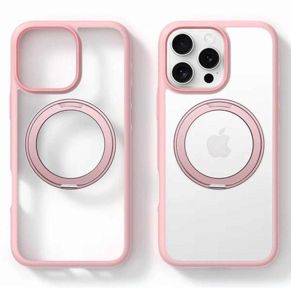 TORRAS iPhone 16 Pro Hybrid Plastik Cover m. Roterbar Kickstand Ring - MagSafe Kompatibel - Gennemsigtig / Lyserød