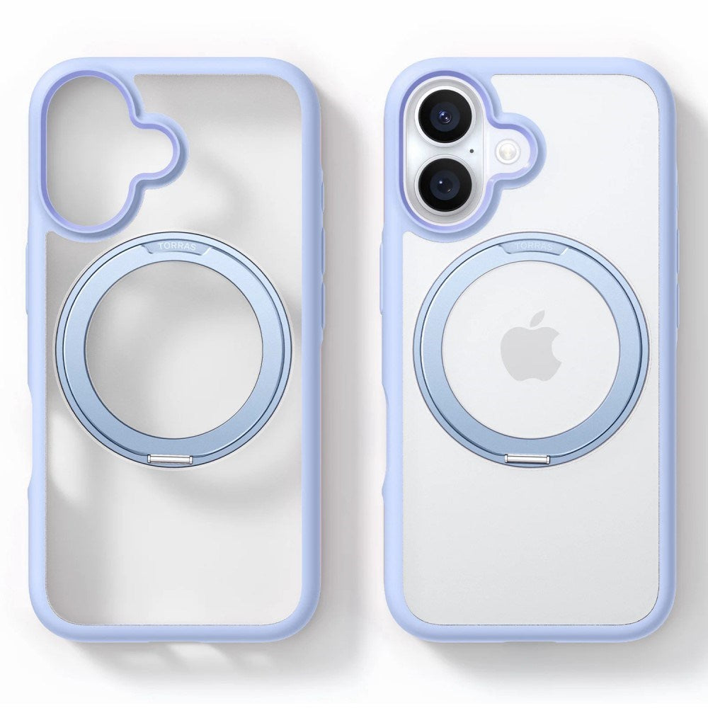 TORRAS iPhone 16 Hybrid Plastik Cover m. Roterbar Kickstand Ring - MagSafe Kompatibel - Gennemsigtig / Blå