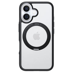 TORRAS iPhone 16 Hybrid Plastik Cover m. Roterbar Kickstand Ring - MagSafe Kompatibel - Gennemsigtig / Sort