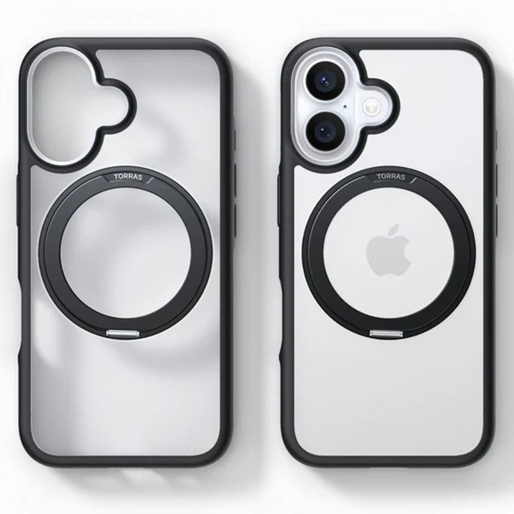 TORRAS iPhone 16 Hybrid Plastik Cover m. Roterbar Kickstand Ring - MagSafe Kompatibel - Gennemsigtig / Sort