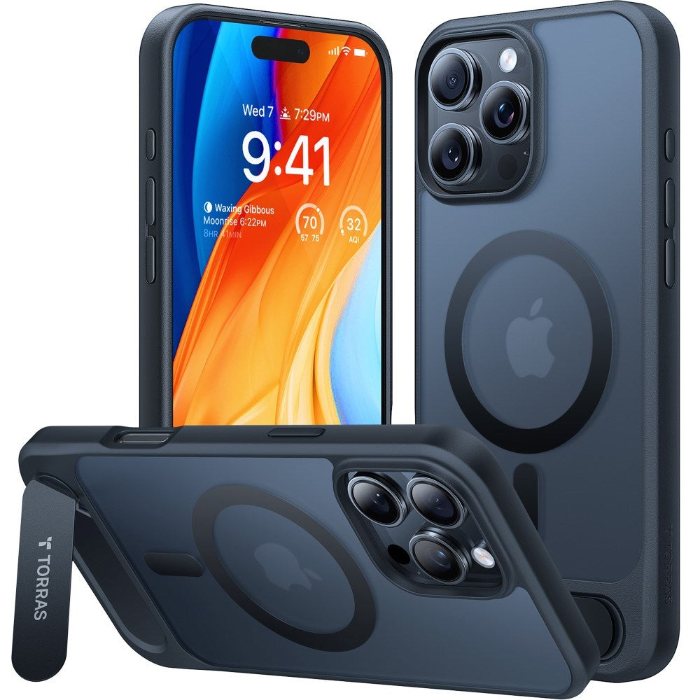 TORRAS iPhone 16 Pro Hybrid Cover m. Ståfunktion - MagSafe Kompatibel - Sort