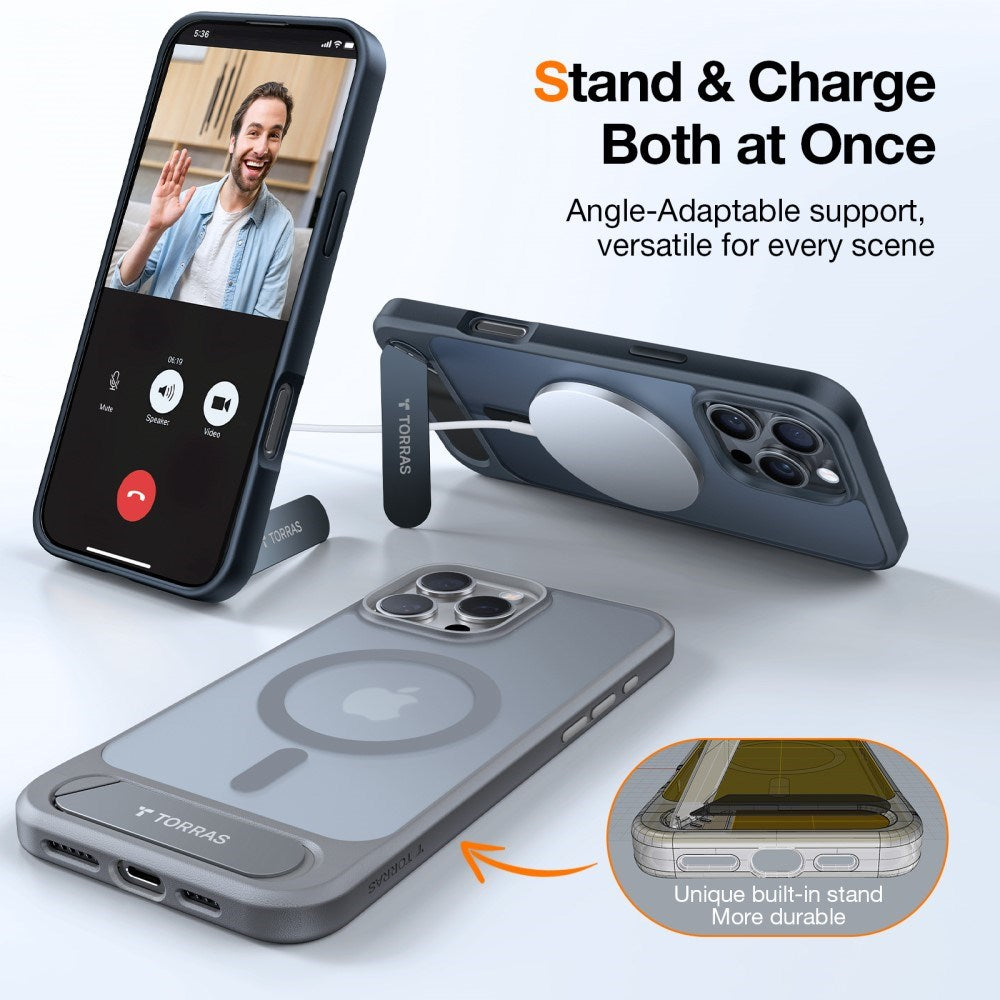 TORRAS iPhone 16 Pro Hybrid Cover m. Ståfunktion - MagSafe Kompatibel - Sort