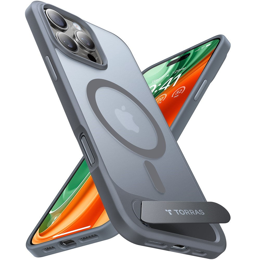 TORRAS iPhone 16 Pro Hybrid Cover m. Ståfunktion - MagSafe Kompatibel - Grå