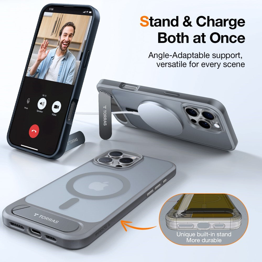 TORRAS iPhone 16 Pro Hybrid Cover m. Ståfunktion - MagSafe Kompatibel - Grå