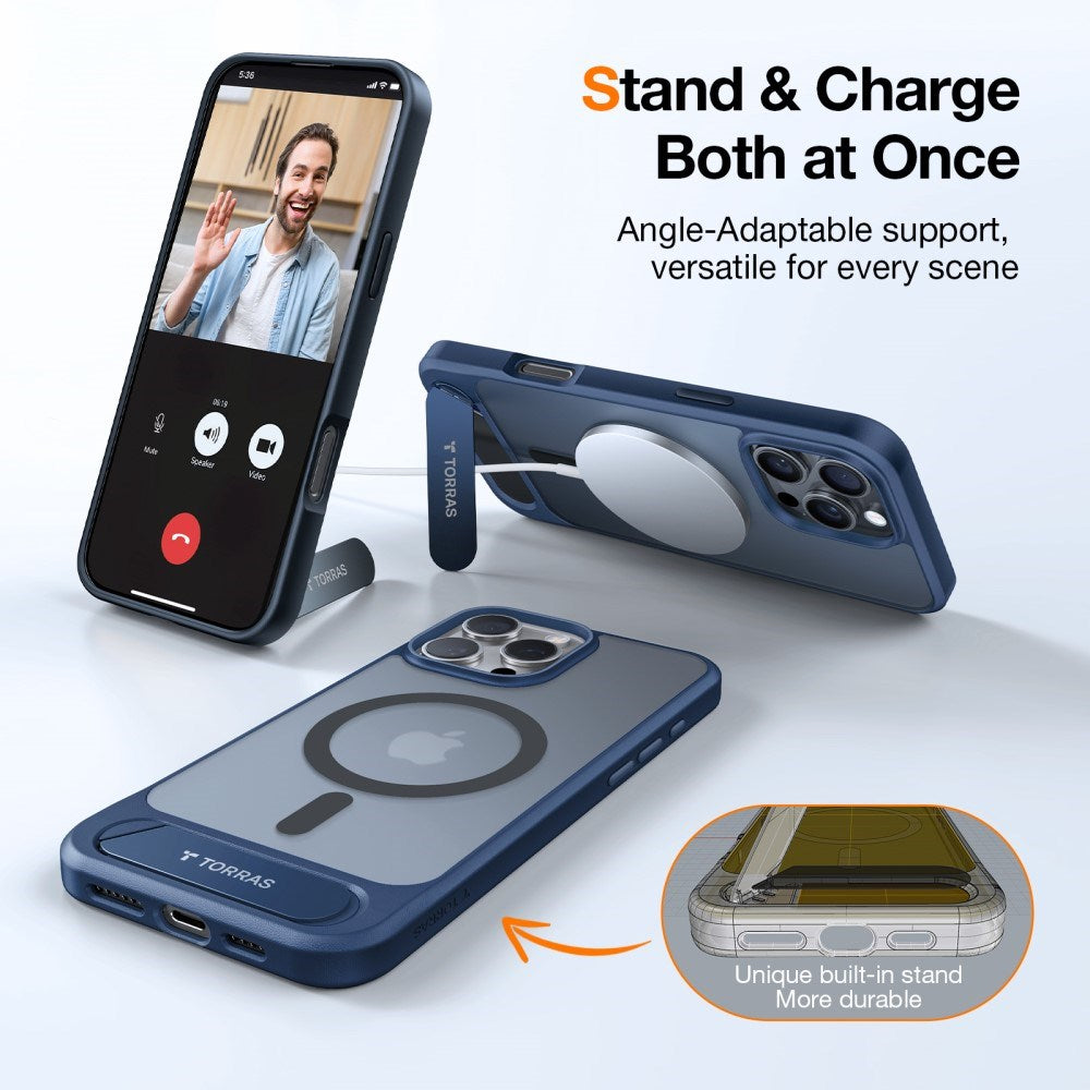 TORRAS iPhone 16 Pro Hybrid Cover m. Ståfunktion - MagSafe Kompatibel - Blå