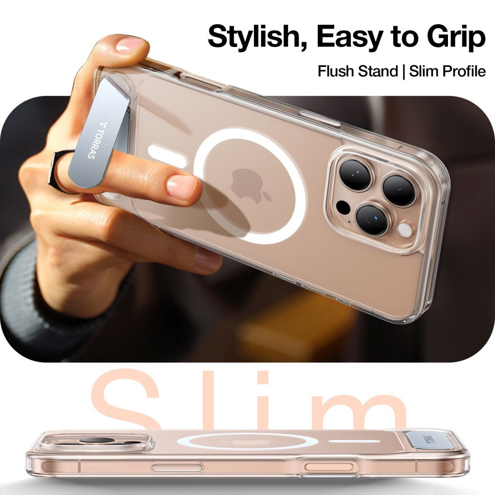 TORRAS iPhone 16 Pro Hybrid Cover m. Ståfunktion - MagSafe Kompatibel - Gennemsigtig