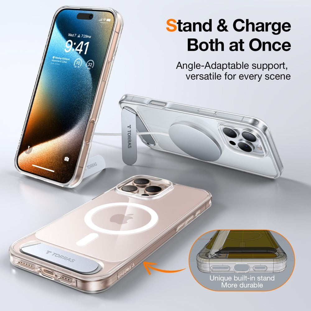 TORRAS iPhone 16 Pro Hybrid Cover m. Ståfunktion - MagSafe Kompatibel - Gennemsigtig