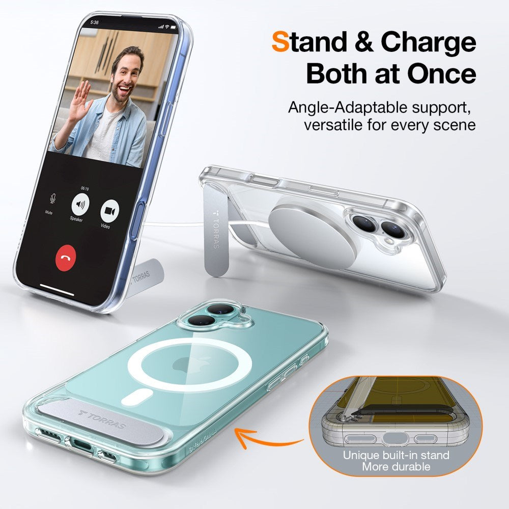 TORRAS iPhone 16 Hybrid Cover m. Ståfunktion - MagSafe Kompatibel - Gennemsigtig