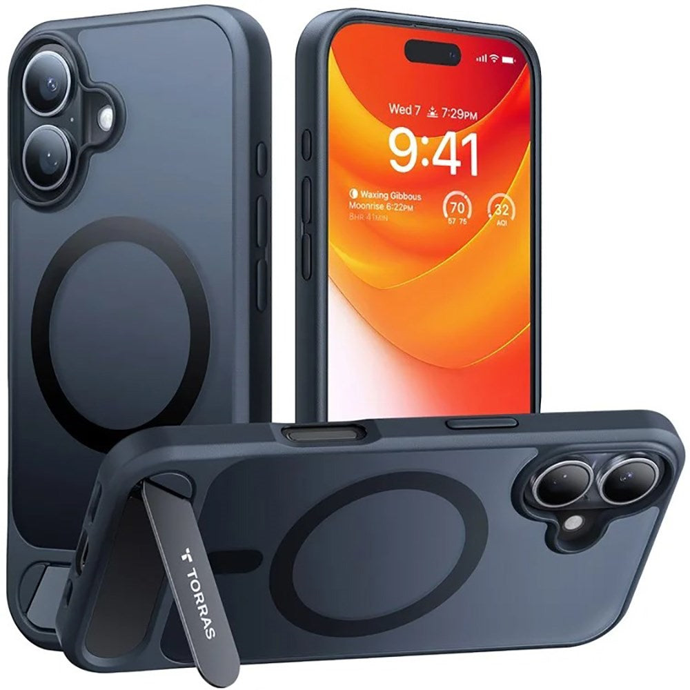 TORRAS iPhone 16 Hybrid Cover m. Ståfunktion - MagSafe Kompatibel - Sort