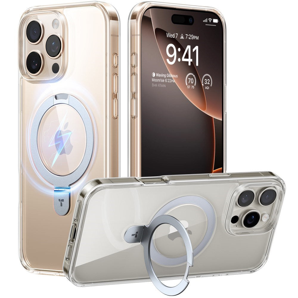 TORRAS iPhone 16 Pro Guardian Ostand Series Cover m. Kickstand - MagSafe Kompatibel - Gennemsigtig / Sølv