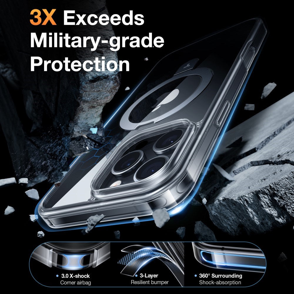 TORRAS iPhone 16 Pro Guardian Ostand Series Cover m. Kickstand - MagSafe Kompatibel - Gennemsigtig / Sølv