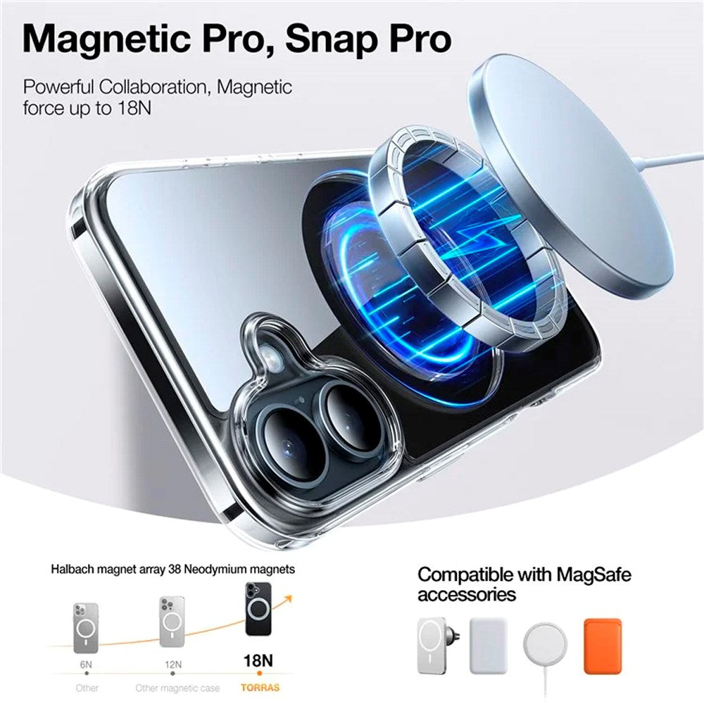 TORRAS iPhone 16 Fleksibelt Plastik Cover m. Ring Kickstand - MagSafe Kompatibel - Gennemsigtig