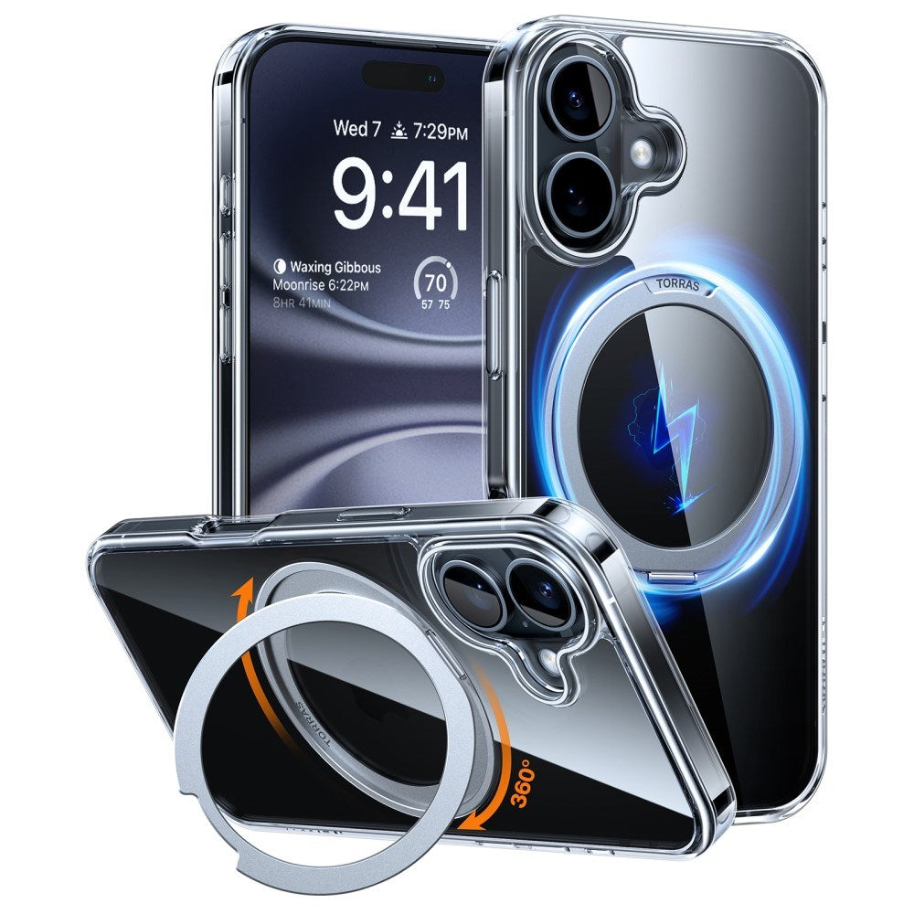 TORRAS iPhone 16 Fleksibelt Plastik Cover m. Ring Kickstand - MagSafe Kompatibel - Gennemsigtig