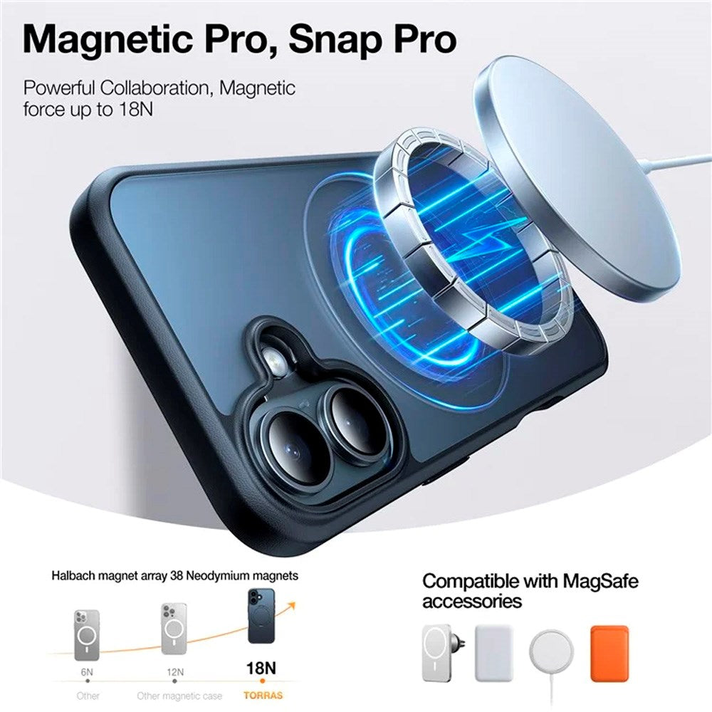 TORRAS iPhone 16 Fleksibelt Plastik Cover m. Ring Kickstand - MagSafe Kompatibel - Sort