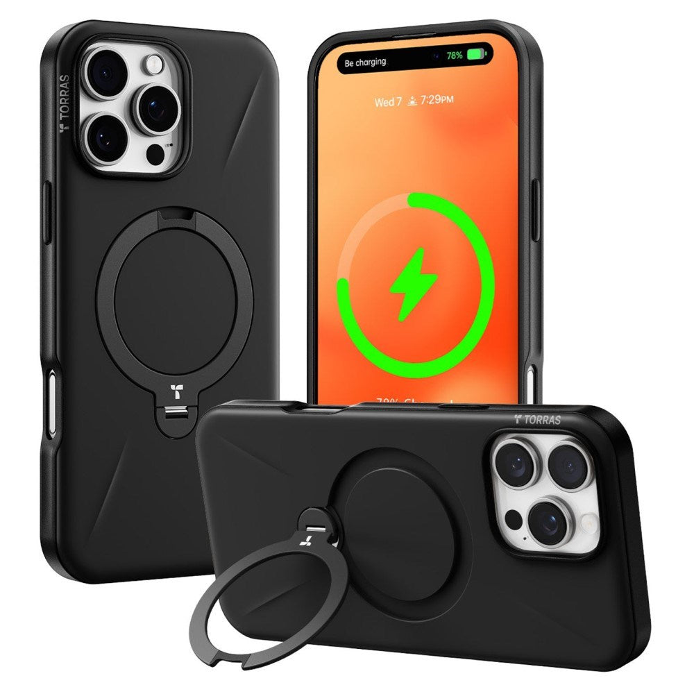 TORRAS iPhone 16 Pro Fleksibelt Plastik Cover m. Ring Kickstand - MagSafe Kompatibel - Sort