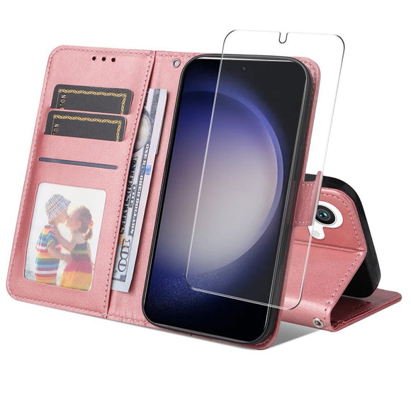 EIDERWOOD Samsung Galaxy S25 / S24 2-i-1 Kunstlæder Flip Cover m. Skærmbeskyttelsesglas - Lyserød
